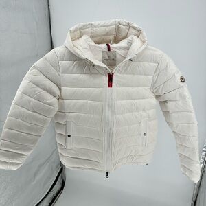 Moncler Cream Puffer Jacket with Logo Patch